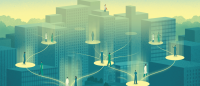 Illustration of health care workers standing atop buildings within the medical center